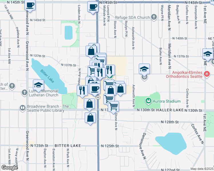 map of restaurants, bars, coffee shops, grocery stores, and more near 13240 Aurora Avenue North in Seattle