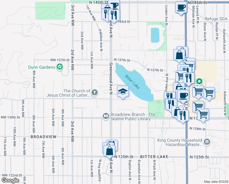 map of restaurants, bars, coffee shops, grocery stores, and more near 301 North 133rd Street in Seattle