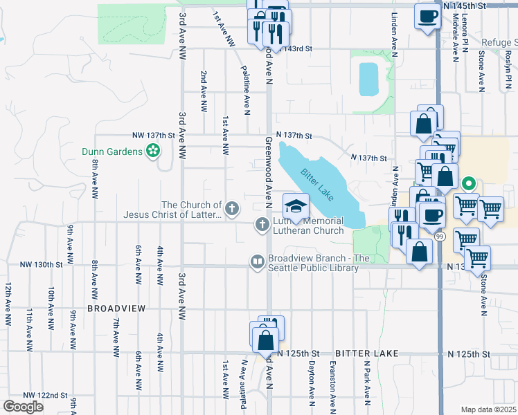 map of restaurants, bars, coffee shops, grocery stores, and more near in Seattle