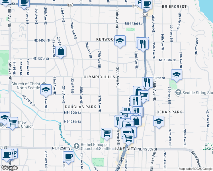 map of restaurants, bars, coffee shops, grocery stores, and more near 13327 28th Avenue Northeast in Seattle