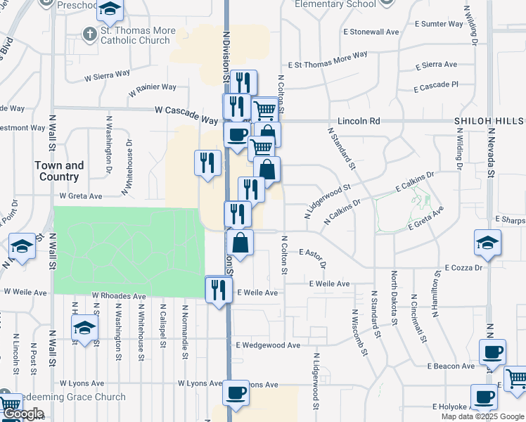 map of restaurants, bars, coffee shops, grocery stores, and more near 7410 North Division Street in Spokane