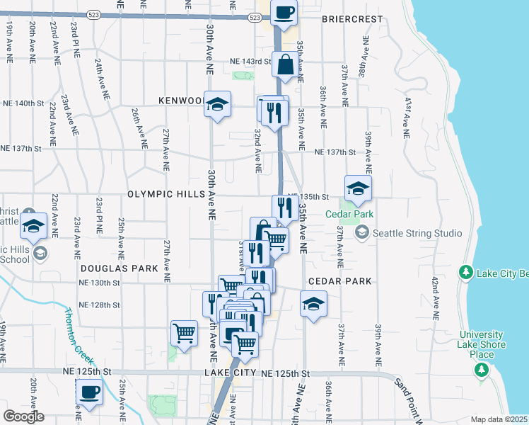map of restaurants, bars, coffee shops, grocery stores, and more near 13339 Lake City Way Northeast in Seattle