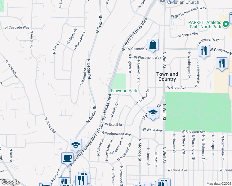 map of restaurants, bars, coffee shops, grocery stores, and more near 1219 West Warn Way in Spokane