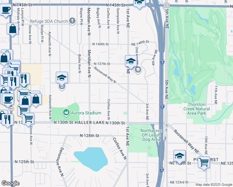 map of restaurants, bars, coffee shops, grocery stores, and more near 13308 Corliss Avenue North in Seattle