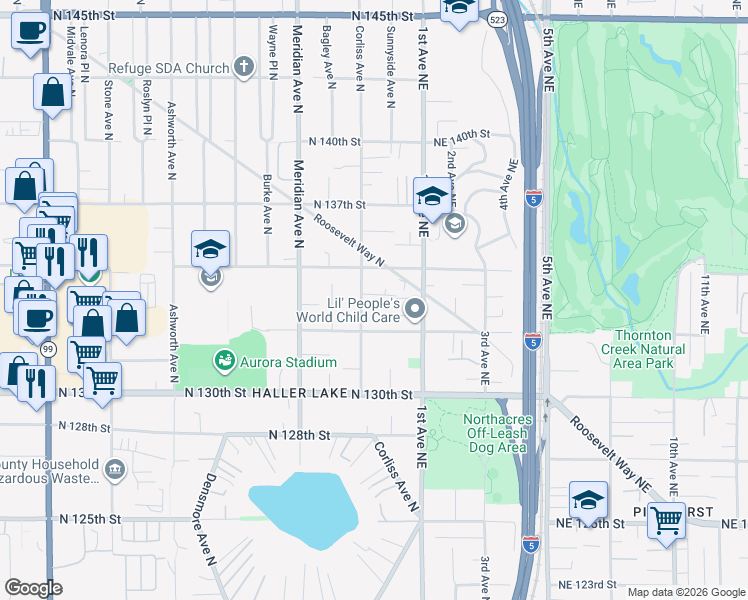 map of restaurants, bars, coffee shops, grocery stores, and more near 13308 Corliss Avenue North in Seattle