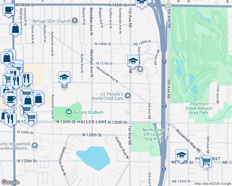 map of restaurants, bars, coffee shops, grocery stores, and more near 13308 Corliss Avenue North in Seattle