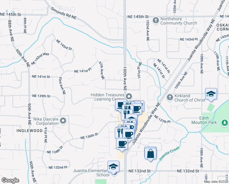 map of restaurants, bars, coffee shops, grocery stores, and more near 9824 Northeast 139th Street in Kirkland
