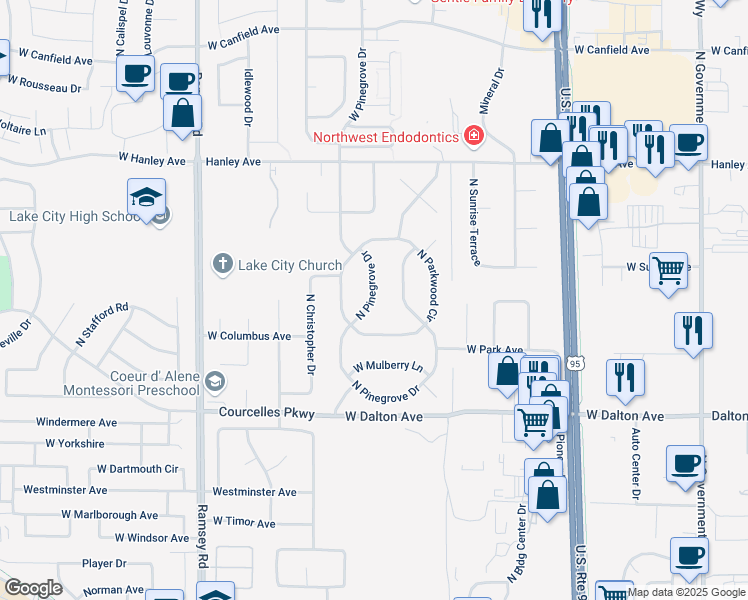 map of restaurants, bars, coffee shops, grocery stores, and more near 5928 North Pinegrove Drive in Coeur d'Alene