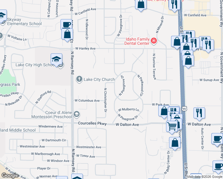 map of restaurants, bars, coffee shops, grocery stores, and more near 5909 North Pinegrove Drive in Coeur d'Alene