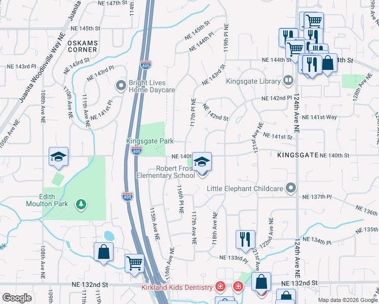 map of restaurants, bars, coffee shops, grocery stores, and more near 11754 Northeast 140th Street in Kirkland