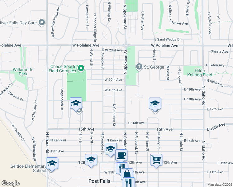 map of restaurants, bars, coffee shops, grocery stores, and more near 1803 North Spokane Street in Post Falls