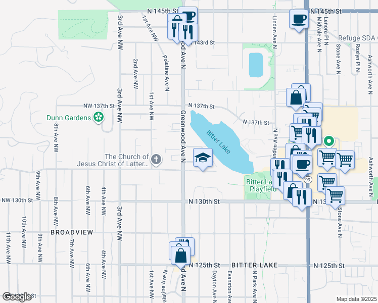 map of restaurants, bars, coffee shops, grocery stores, and more near 301 North 133rd Street in Seattle
