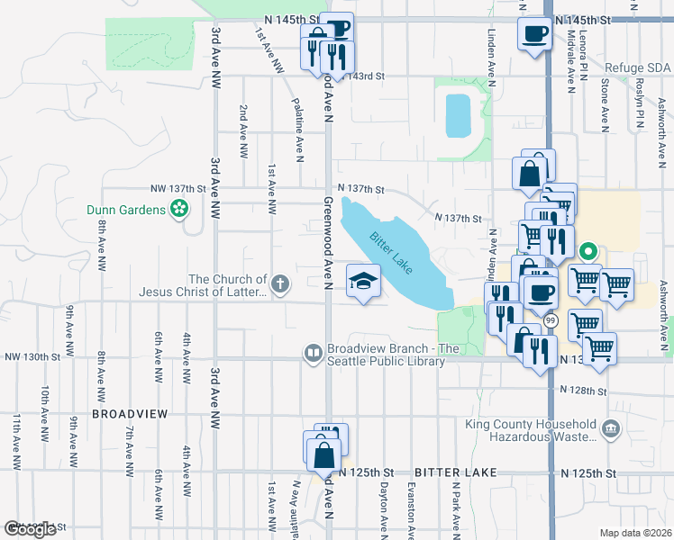 map of restaurants, bars, coffee shops, grocery stores, and more near 301 North 133rd Street in Seattle