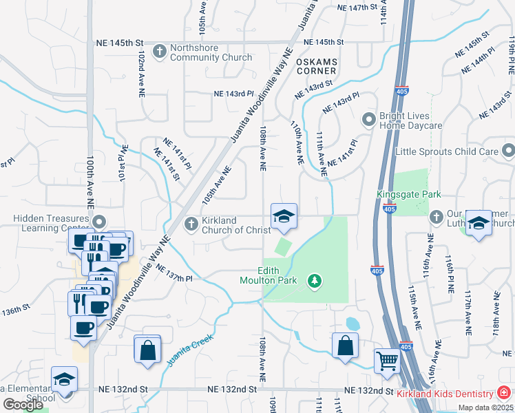 map of restaurants, bars, coffee shops, grocery stores, and more near 10643 Northeast 140th Street in Kirkland