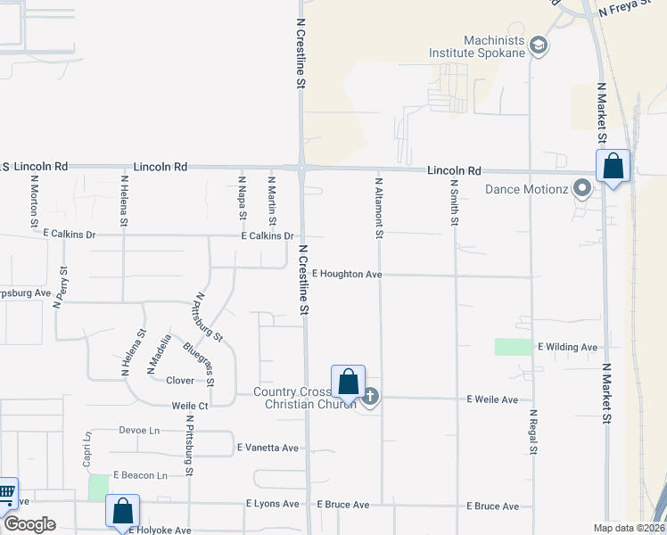 map of restaurants, bars, coffee shops, grocery stores, and more near 7420 North Crestline Street in Spokane