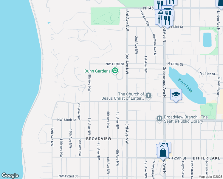 map of restaurants, bars, coffee shops, grocery stores, and more near 13244 6th Avenue Northwest in Seattle