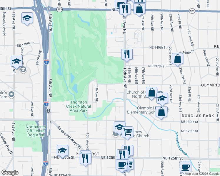 map of restaurants, bars, coffee shops, grocery stores, and more near 1221 Northeast 135th Street in Seattle
