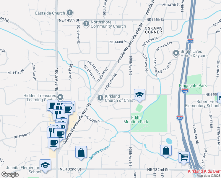 map of restaurants, bars, coffee shops, grocery stores, and more near 14107 105th Avenue Northeast in Kirkland