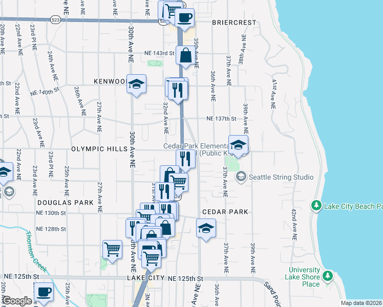 map of restaurants, bars, coffee shops, grocery stores, and more near 13524 Lake City Way Northeast in Seattle