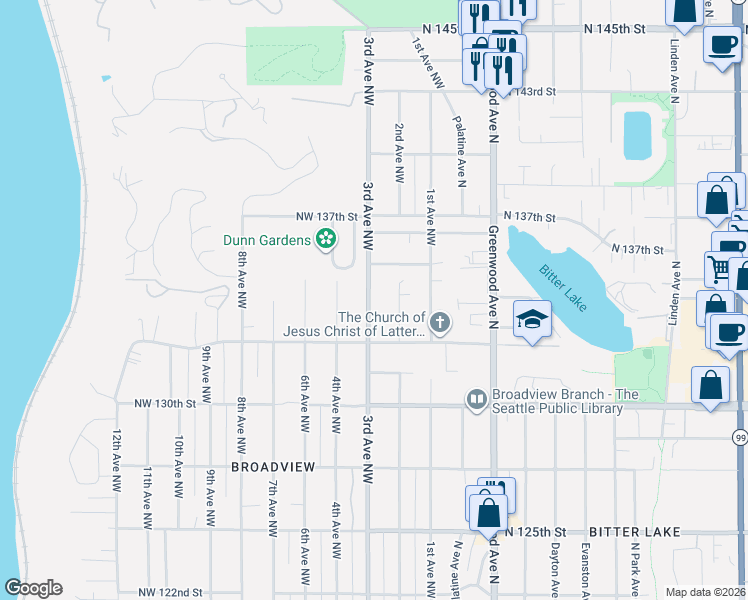 map of restaurants, bars, coffee shops, grocery stores, and more near 13257 3rd Avenue Northwest in Seattle