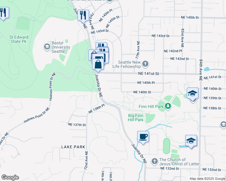 map of restaurants, bars, coffee shops, grocery stores, and more near 7339 Northeast 140th Street in Kirkland