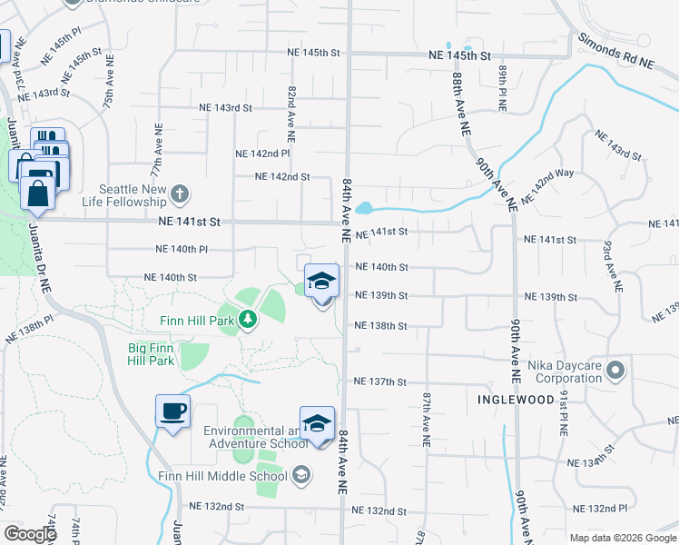 map of restaurants, bars, coffee shops, grocery stores, and more near 8375 Northeast 140th Street in Kirkland