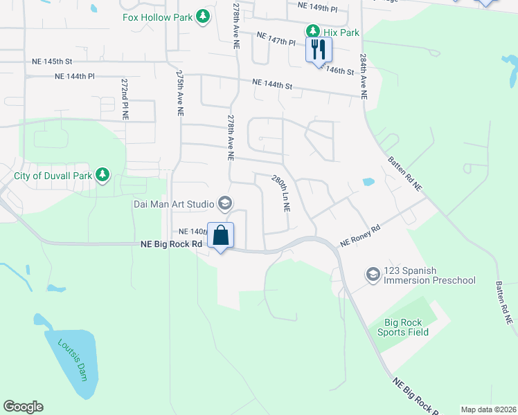 map of restaurants, bars, coffee shops, grocery stores, and more near 14033 279th Lane Northeast in Duvall
