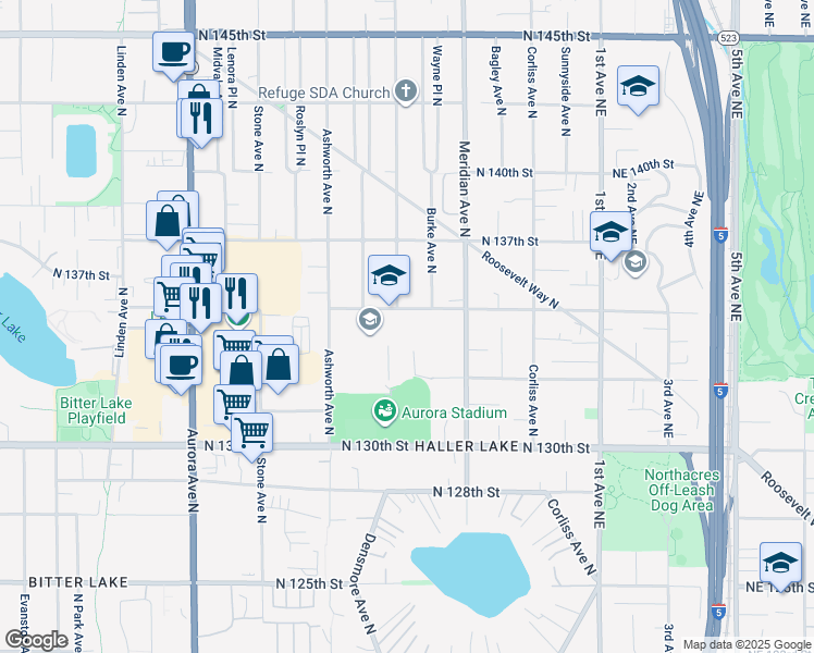 map of restaurants, bars, coffee shops, grocery stores, and more near 1819 North 135th Street in Seattle