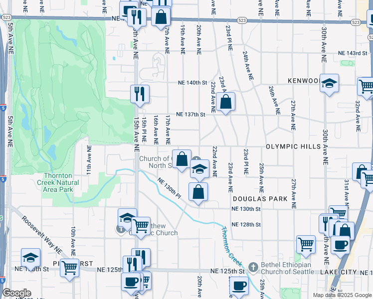 map of restaurants, bars, coffee shops, grocery stores, and more near 1914 Northeast 135th Street in Seattle
