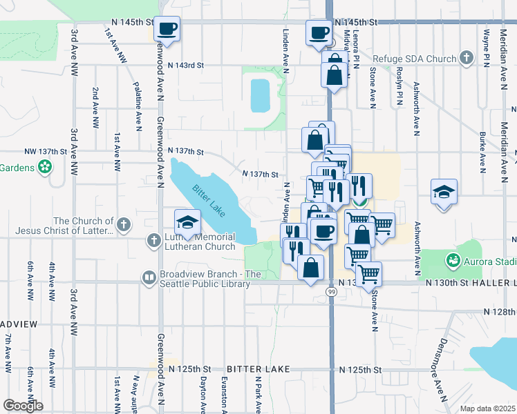 map of restaurants, bars, coffee shops, grocery stores, and more near 13502 North Park Avenue North in Seattle