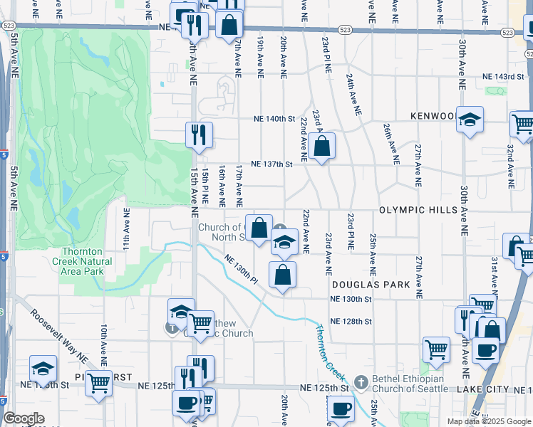 map of restaurants, bars, coffee shops, grocery stores, and more near 1914 Northeast 135th Street in Seattle