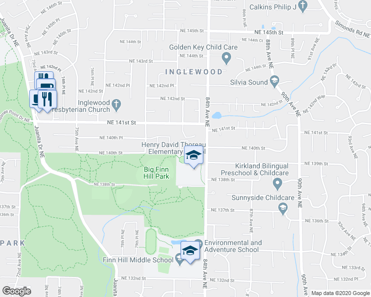 map of restaurants, bars, coffee shops, grocery stores, and more near 8350 Northeast 140th Street in Kirkland