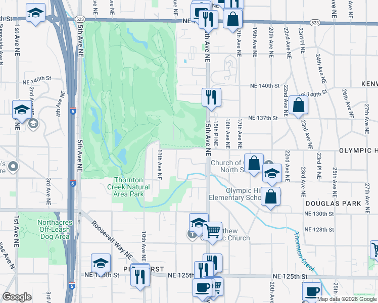 map of restaurants, bars, coffee shops, grocery stores, and more near 1221 Northeast 135th Street in Seattle
