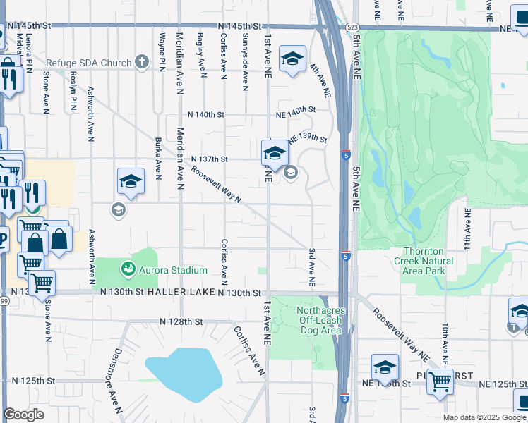 map of restaurants, bars, coffee shops, grocery stores, and more near 2342 North 135th Street in Seattle