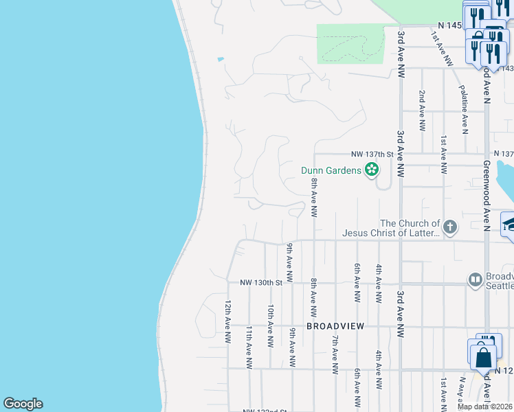 map of restaurants, bars, coffee shops, grocery stores, and more near 880 Northwest 134th Street in Seattle