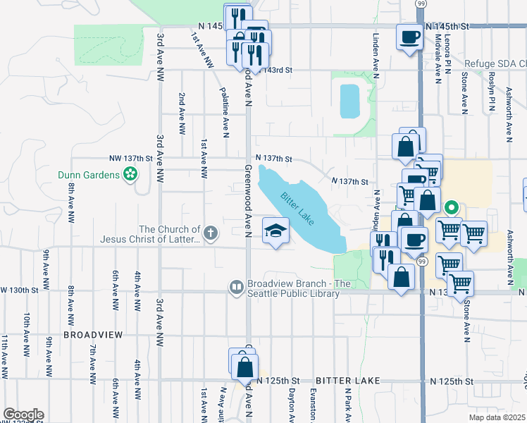 map of restaurants, bars, coffee shops, grocery stores, and more near 314 North 134th Street in Seattle
