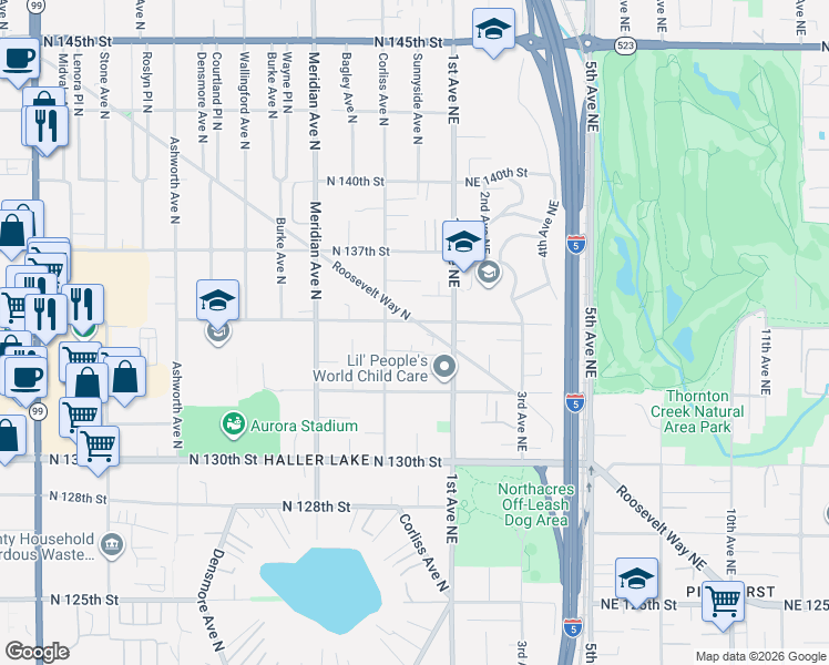map of restaurants, bars, coffee shops, grocery stores, and more near 13433 Roosevelt Way North in Seattle