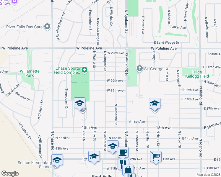 map of restaurants, bars, coffee shops, grocery stores, and more near 207 West 20th Avenue in Post Falls