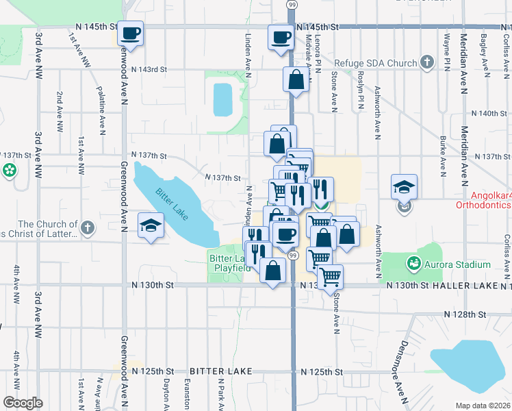 map of restaurants, bars, coffee shops, grocery stores, and more near 13501 Linden Avenue North in Seattle