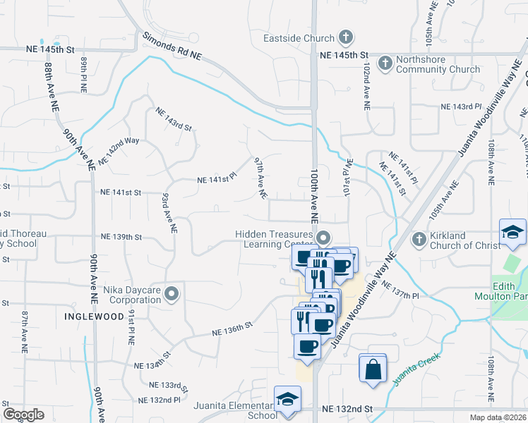 map of restaurants, bars, coffee shops, grocery stores, and more near 14011 98th Avenue Northeast in Kirkland