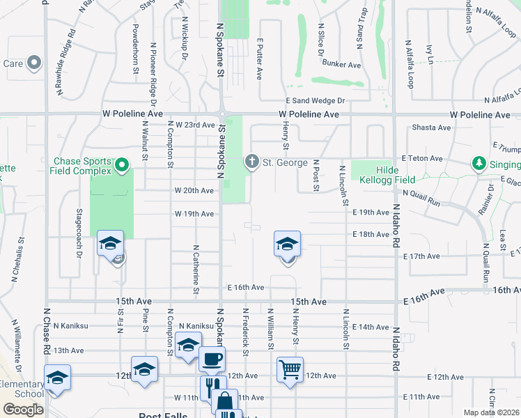 map of restaurants, bars, coffee shops, grocery stores, and more near 122 East 19th Avenue in Post Falls
