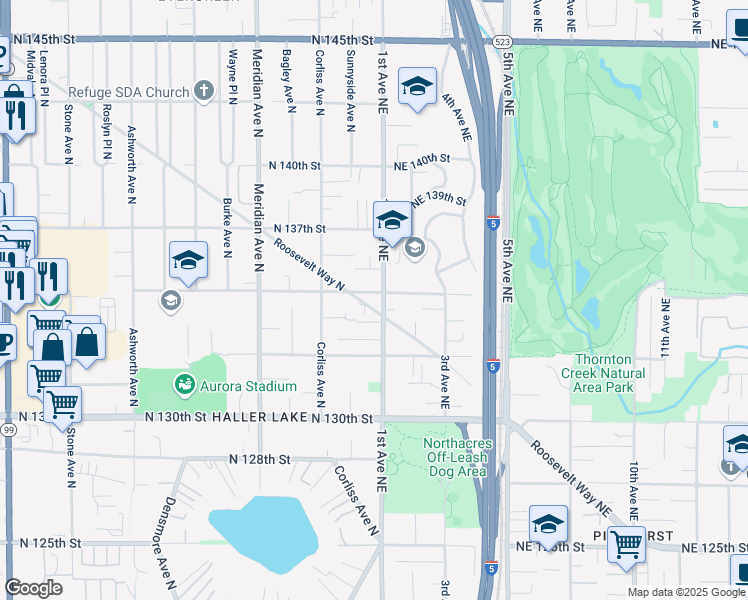 map of restaurants, bars, coffee shops, grocery stores, and more near 2342 North 135th Street in Seattle