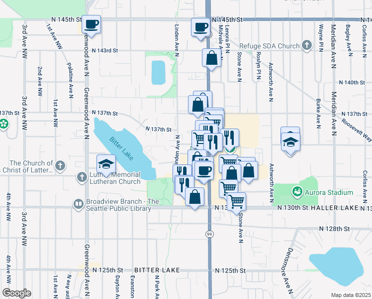 map of restaurants, bars, coffee shops, grocery stores, and more near 13501 Linden Avenue North in Seattle