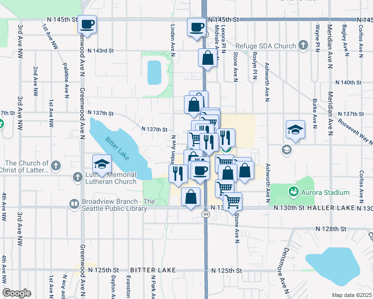 map of restaurants, bars, coffee shops, grocery stores, and more near 13501 Aurora Avenue North in Seattle