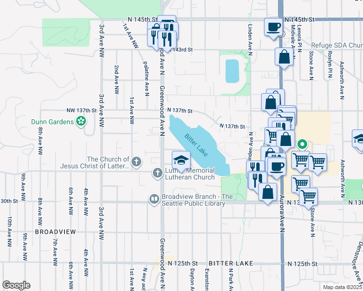 map of restaurants, bars, coffee shops, grocery stores, and more near 322 North 134th Street in Seattle