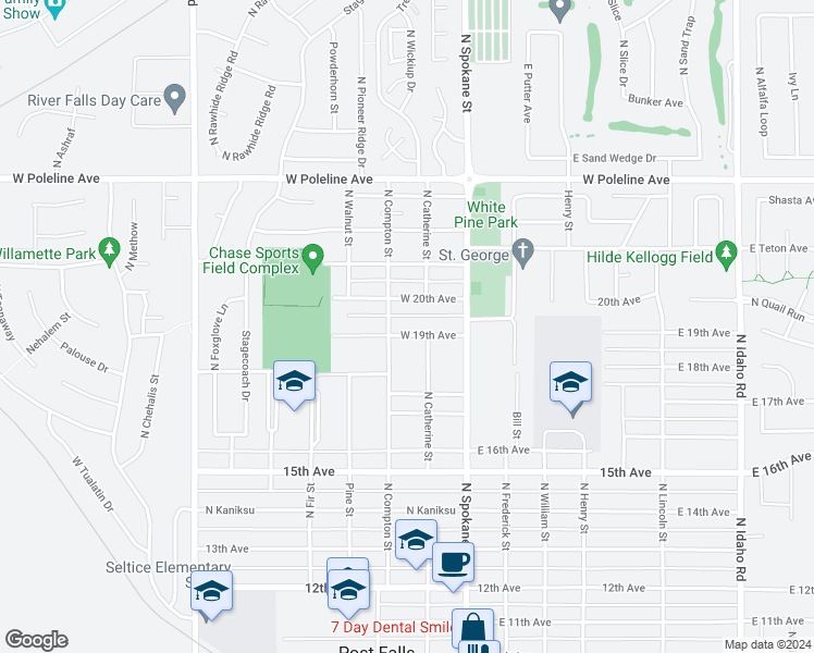 map of restaurants, bars, coffee shops, grocery stores, and more near 208 West 19th Avenue in Post Falls
