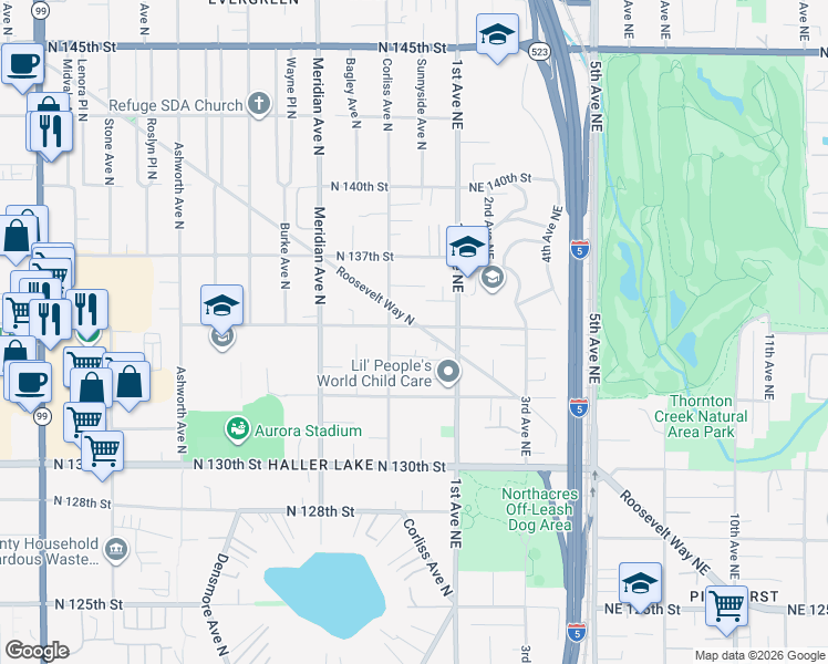 map of restaurants, bars, coffee shops, grocery stores, and more near 13433 Roosevelt Way North in Seattle