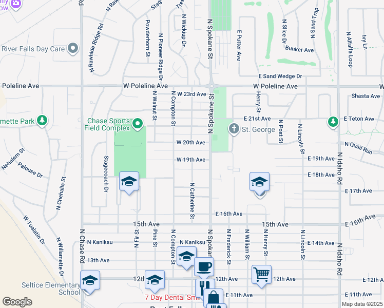 map of restaurants, bars, coffee shops, grocery stores, and more near 115 West 20th Avenue in Post Falls