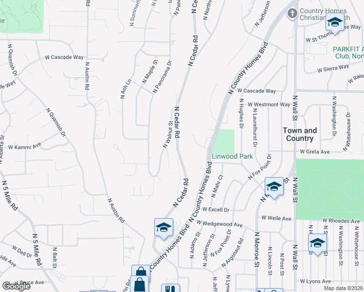 map of restaurants, bars, coffee shops, grocery stores, and more near 7526 North Cedar Road in Spokane