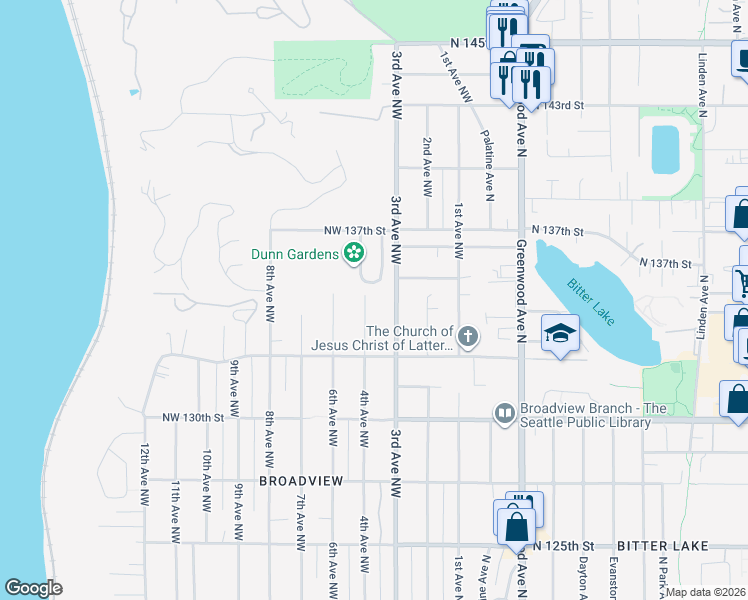 map of restaurants, bars, coffee shops, grocery stores, and more near 13513 Northshire Road Northwest in Seattle
